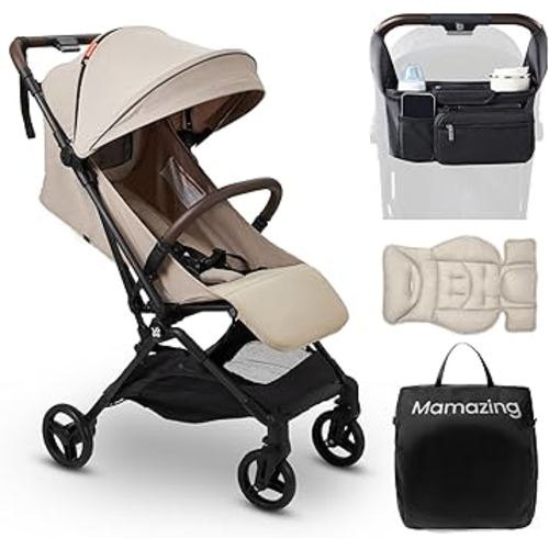 MAMAZING Lightweight Baby Travel Stroller with Carbon Fiber Frame, Compact & Airplane-Friendly, One-Handed Folding Design, 11.6 lbs, Perfect for Toddlers, Organizer & Cushion Included, Simply Taupe