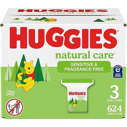 Huggies Natural Care Sensitive Baby Wipes, Hypoallergenic, 99% Purified Water, 3 Refill Packs (624 Wipes Total)