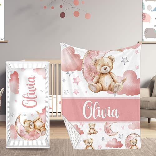 Personalized Crib Bedding Set, Toddler Pink Bear Theme Set with Name, 2 Pcs Baby Crib Set for Infant Babys, Comfort Double Layer Blanket and Crib Sheet, Newborns Gifts for Baby Girls