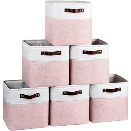Cube Storage Baskets 6 Pack, 11x11 inch Foldable Cube Storage Bins with Leather Handles for Shelf Closet Nursery Toys (White/ Pink)