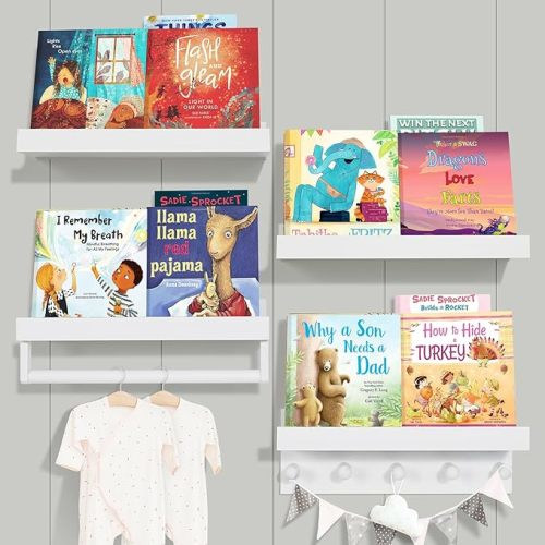 Ollieroo Set of 4 Floating Book Shelves for Wall, Nursery Book Shelf for Kids Room, Bamboo Wood Hanging Bookshelf for Baby Teen Boys Girls, Wall Mounted Shelves for Bedroom Bathroom Decor(White)