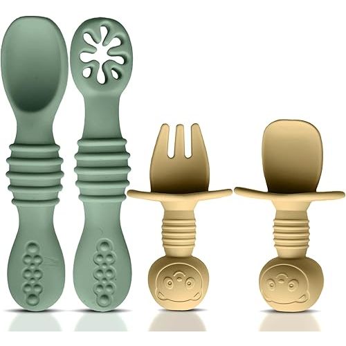 4pc Silicone Baby Spoons Self Feeding Baby Utensils 6-12 Months - 3 Baby Spoon - 1 Baby Fork - Toddler Cutlery Set - BPA Free, Dishwasher Safe - Baby Eating Essentials (Green/Yellow) - Small