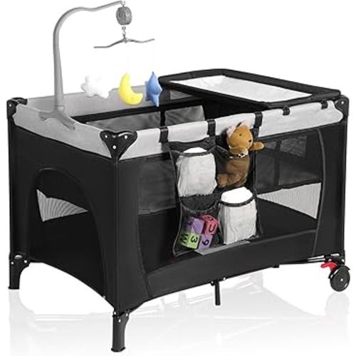 Pack and Play, Travel Crib, with Changing Table, Portable Pack and Play, with Carry Bag, Foldable, Portable Crib for Toddlers 1-3 (Black)