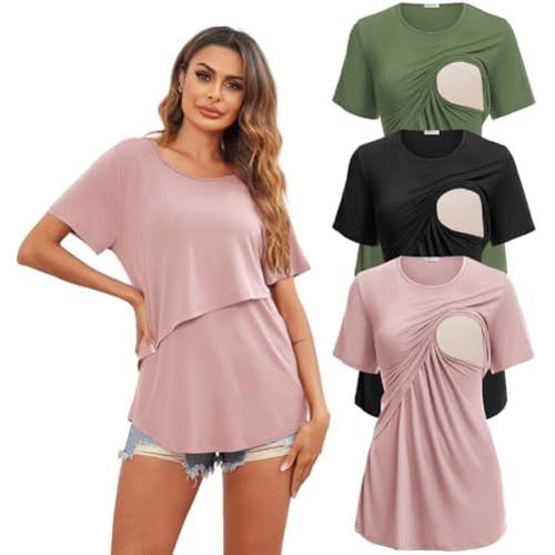 Ekouaer Women's Maternity Shirts Short Sleeves Nursing Tops 3 Pack Double Laye Breastfeeding Tees Pregnancy Clothes S-XXL