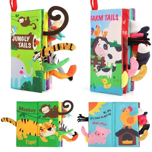 beiens Baby Books 0-6 Months, 2PCS Baby Toys 0-3-6-12-18 Months, Touch Feel Sensory Cloth Crinkle Soft Books, Tummy Time Toys, Infant Newborn Toys, Baby Boy Girl Shower Gifts Stroller Toys - 2 IN 1