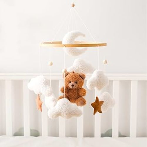 Baby Crib Mobile Bear Nursery Mobile for Boys Girls Teddy Velvet Bed Bell Decor for Infant Bedroom Hanging Infant Mobile for Bassinet Newborn Gift (Brown Bear)