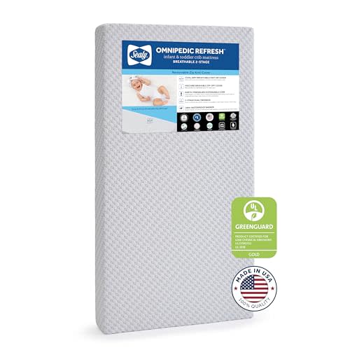 SEALY BABY OmniPedic Refresh Breathable Crib Mattress, GREENGUARD Gold Certified, Made in USA, Removable Knit Cover, 2 Stage, Toddler Bed Fit, Safety & Quality Tested, 52x28