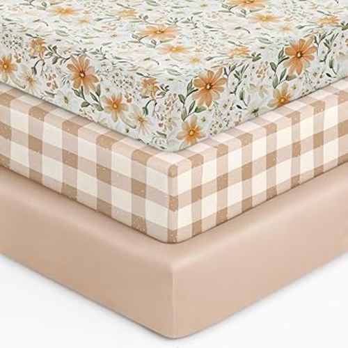 Baby Crib Sheets for Boys Girls, 28x52x8in Fitted Crib Sheet Neutral 3 Pack for Standard Crib and Toddler Mattress, Breathable Soft Microfiber Baby Sheet Orange Flowers & Plaid