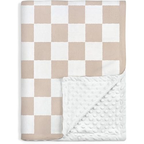 Checkered Minky Baby Blanket 30 x 40 Inches for Boys Girls, Soft Plush Receiving Blanket with Dotted Back, Gift for Toddler Newborn Infant Christmas Birthday Baby Shower