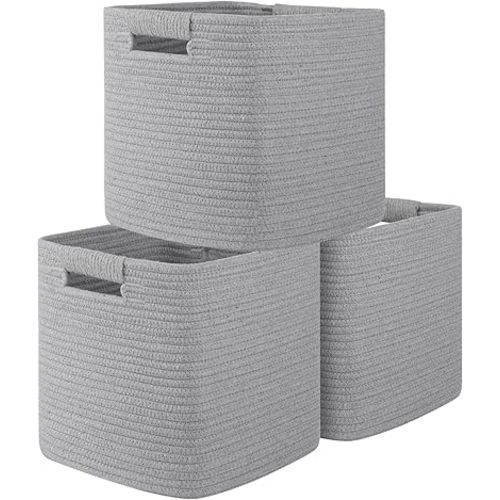 OIAHOMY Storage Cubes 11 Inch Storage Bins-3-Pack, Cotton Rope Woven Baskets for Organizing, Square Storage Baskets for Shelves Organizer, Classroom, Kids Toy Bins, Closet, Baby Nursery-Grey