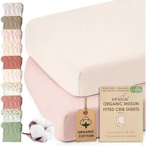 Oeko TEX 100% Organic Cotton 2 PK Baby Muslin Crib Sheets Unisex 28x52 in | Oeko-TEX Certified, Crib Sheets For Boys, Crib Sheets Girl, Peach/Ivory, Unisex Design, Snug elastic edges stay secure th