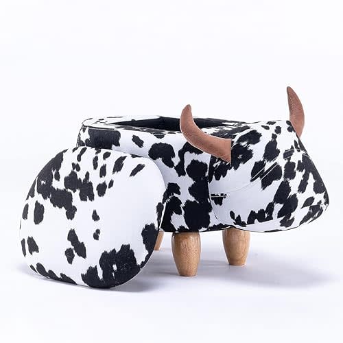 Home 2 Office Cow Ottoman with Storage for Bedroom, Playroom, Nursery or Recreation Room Decor, Soft Animal-Shaped Ottoman with Wooden Legs