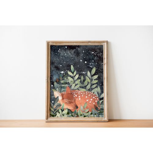 Deer art print, Forest animal wall art, Nursery deer decor, Deer sleeping artwork, Fawn illustration, Woodland animals, Night sky painting