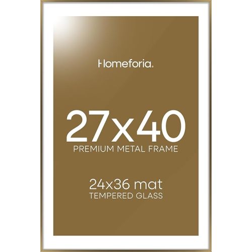 Homeforia 27x40 Poster Frame Bronze, High End Metal 27x40 Picture Frame with 24x36 Mat, 27 x 40 inch Brass Frame Matted to 24 x 36 Photo, 40x27 Frames, Tempered Glass, Wall Hook Included, Set of 1
