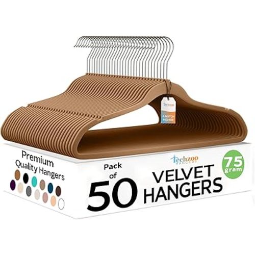 50 Pack New Premium Quality Velvet Hangers Ultra Thin Non Slip Adult Felt Space Saving Hangers for Closet Heavy Duty Coat Pants Jackets Dress Hangers 360° Swivel Hook Hold Upto 10 lbs Bronze