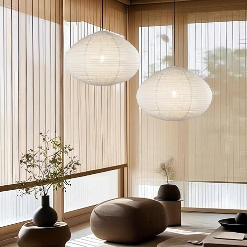 2PCS 20" Handmade Linen Pendant Light Shades – Foldable Fabric Lampshades, Minimalist Beige & White Hanging Lanterns for Bedroom, Living Room, Kitchen Island, Window Display & Gift