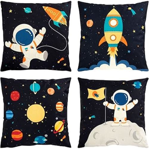 Juvale 4 Pack Spaceship Decorative Kids Throw Pillow Covers, 4 Designs, Astronaut, Rocket Ship, Galaxy Theme (18 x 18 in)