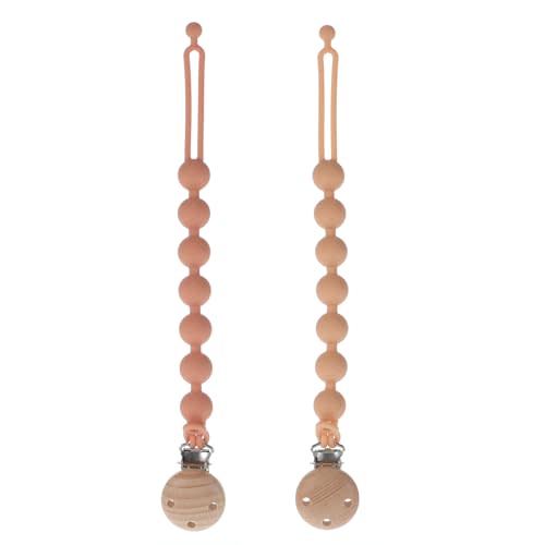 Dirbabi Silicone Pacifier Clips for Baby, 2-in-1 One Piece Design Pacifier Holder & Teething Ring Toy, BPA Free, 2 Pack (Muted+Apricot)