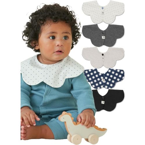 Konny Baby Bibs 5-Pack, 360 ° Rotate, Soft and Absorbent Bandana Drooling for Boys Girls baby Essentials - Set 6 - Black, Charcoal, Grid, Navy Gingham, Blue Dot