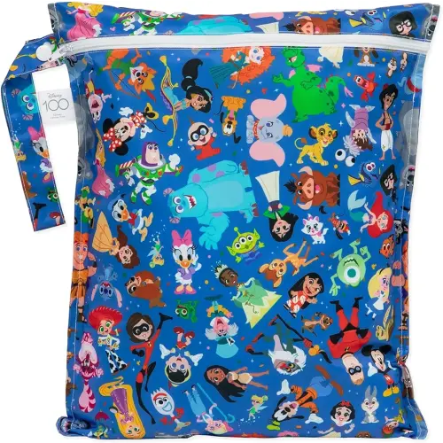 Bumkins Disney Waterproof Wet Bag for Baby, Travel, Swim Suit, Cloth Diapers, Pump Parts, Pool, Gym, Toiletry, Strap to Stroller, Daycare, Zipper Reusable Bag, Packing Pouch, 100 Magical Celebration
