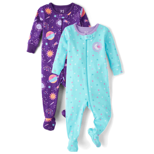 Baby And Toddler Girls Space Snug Fit Cotton Footed One Piece Pajamas 2-Pack - Purple