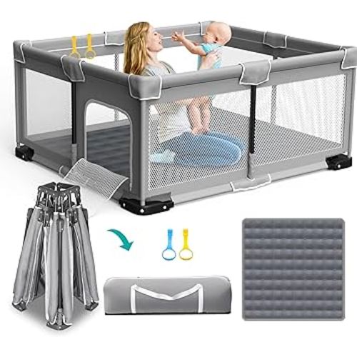 Foldable Playpen for Babies and Toddlers, 71"x59" Inches Portable Playpen with Mat, Kids Collapsible Play Pen with 2 Handlers, Indoor & Outdoor Baby Play Area with Visible Mesh (Light Gray)