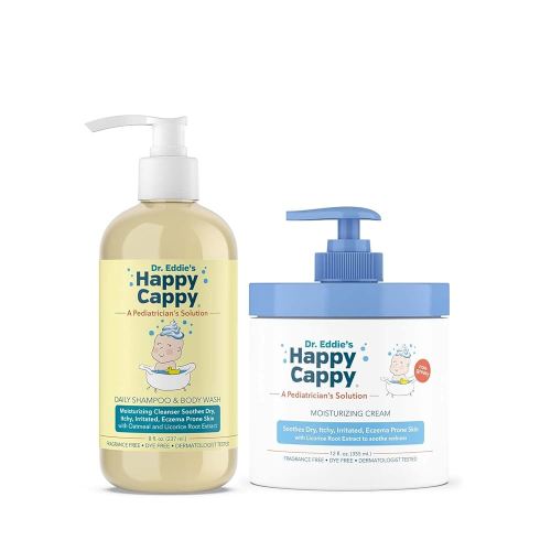 Happy Cappy Baby Shampoo and Body Wash and Moisturizing Cream Bundle - Eczema Body Wash and Lotion for Kids, Toddler, Adults, Helps with Dryness, Reduces Itching, Dermatologist Tested, Fragrance-Free