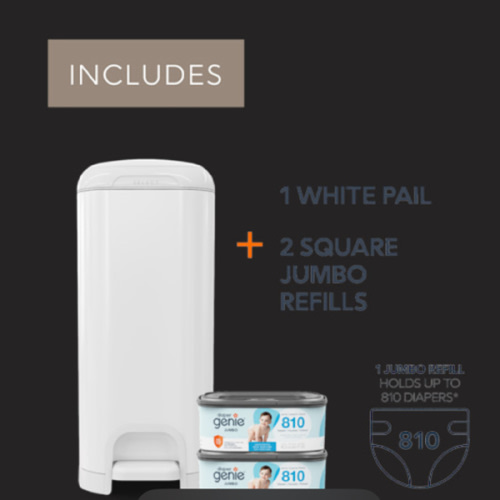 Diaper Genie Select Pail Registry Gift Set (White) | Made of Durable Stainless Steel Metal | Includes 2 Jumbo Refills | Holds 1620 Newborn Diapers