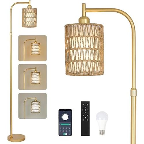 Modern Gold Floor Lamps for Living Room, Boho Rattan Floor Lamp with Remote & Dimmable LED Bulb, Farmhouse Standing Lamp with Rattan Shades, Minimalist Tall Pole Lamp for Bedroom Office