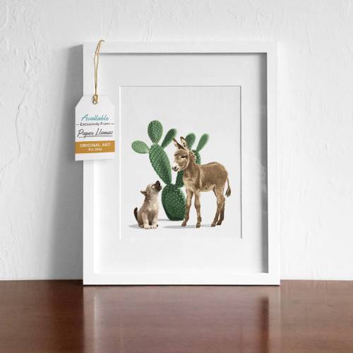 Baby donkey and coyote nursery art print, boho desert cactus artwork - natural neutral baby room decor