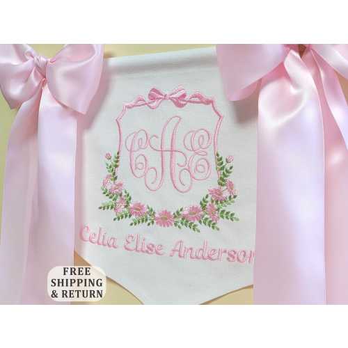 Custom Hospital Door Hanger Girl, Embroidered Baby Banner for Hospital, Baby Announcement Name Banner for Nursery, Baby Shower Banner Gift
