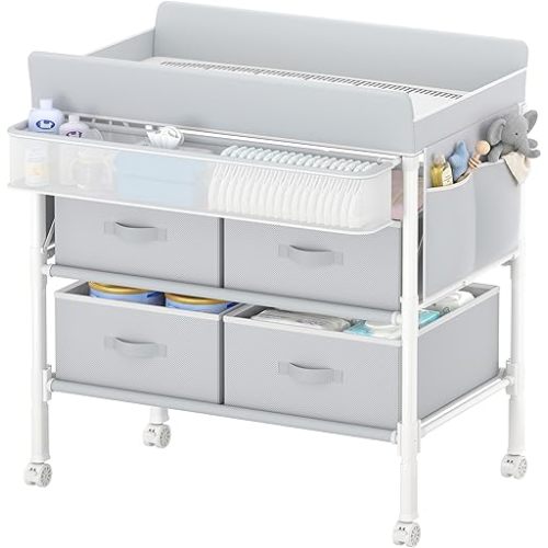 BOLUO Baby Changing Table with 4 Drawers, Waterproof Diaper Changing Station with Storage, Adjustable Height Baby Changing Station for Mobile Nursery Grey