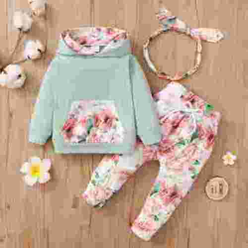 PatPat Baby Clothes for Girls Long-sleeve Floral Hoodie Pants and Headband Set,3-6 Months