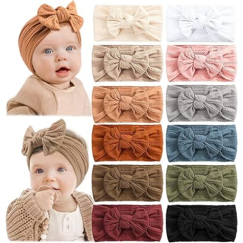 Prohouse 12 PCS Baby Headbands Handmade Super Stretchy Soft Nylon Hairbands Hair Bows Hair Accessories for Baby Girls Newborn Infant Toddlers Kids(Clay)