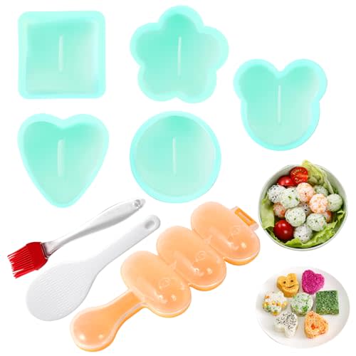 MLRYH Onigiri Maker Mold, 8 Pcs Sushi Onigiri Musubi Maker Mold Kit Rice Ball Mold Shake Sushi Makers Mold with Small Rice Paddle, Brush for Kitchen.(Green)