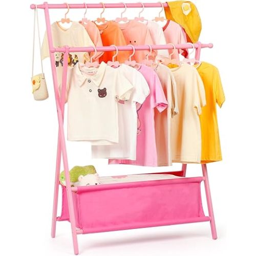 Bamboo Kids Clothing Rack with Dual Poles, Child Dress Up Rack, Clothing OrganizerRack, Small GarmentRack with Storage, Perfect for Costumes and Accessories (Pink)