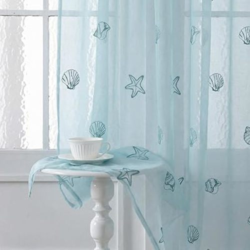 Tegeme 2 Panels Coastal Beach Sheer Curtains for Girl Bedroom 84 Inches Long Embroidered Blue Voile Curtains Decorative Ocean Nautical Sheer Shades Faux Linen Semi Window Decor for Home Party Office