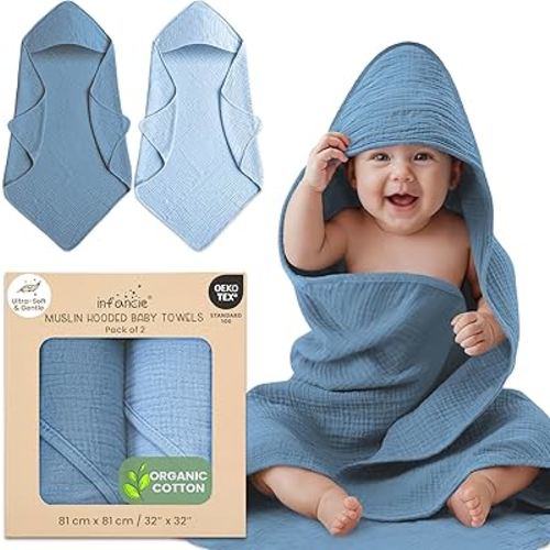 Organic Cotton Muslin Baby Hooded Towels - 81x81 cm, 2 Pack Newborn Bath Towels for Boys & Girls, Soft & Absorbent Bath Set (Deep Blue/Aquarius)