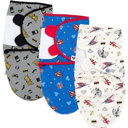 DC Comics Justice League Batman Superman The Flash Newborn Baby Boys 3 Pack Swaddle Sacks Gray/Blue White 0-3 Months
