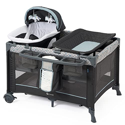 5 in 1 Multifunctional Pack and Play,Qutanix Foldable Baby Crib with Bassinets,Changing Table,Newborn Napper with Canopy,Diaper Stacker,Baby Playpen for Babies and Toddlers