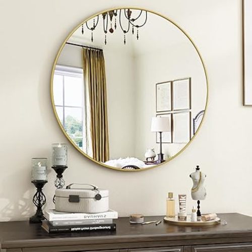 Gold Round Bathroom Mirror, 20 inch Circle Wall Mounted Hanging Mirror with Simple Modern Circular Metal Frame for Hallway, Entryway, Living Room, Gold Frame