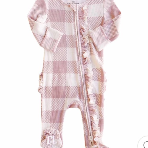 Girl Ruffle Zipper Footies - Rosy Check Waffle