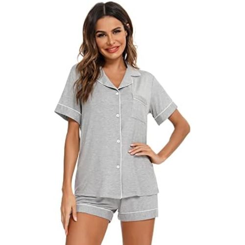 Aamikast Button Up Pajama Set for Women Shorts Short Sleeve Knit Sleepwear 2 Pice Pjs Sets