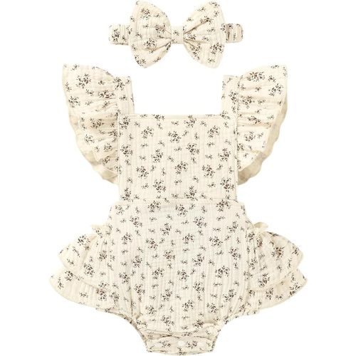 Happy Town Baby Girl Clothes Toddler Summer Linen Romper Sleeveless Ruffle Outfits Infant Girls Jumpsuit with Headband