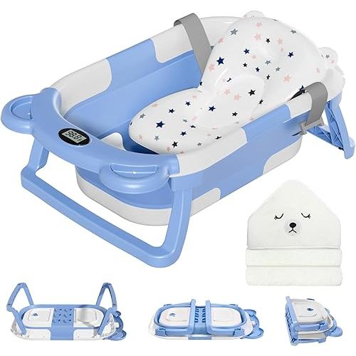 MoreFeel Collapsible Baby Bathtub for Newborn with Thermometer & 1 Hooded Towel & 1 Soft Floating Cushion,Portable Travel Bathtub with Drain Hole, Durable Foldable Baby Tubs for Infants to Toddler