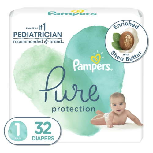 Pampers Pure Protection Diapers Size 1, 32 Count - Hypoallergenic, 12 Hour Leakage Protection