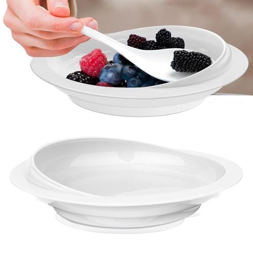 2Pack Spill Proof Scoop Plate with Non-Skid Suction Base, Adaptive Self-Feeding Dinnerware(White)