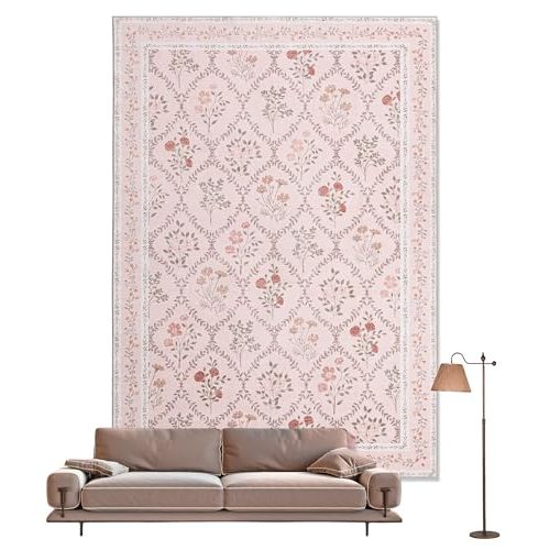YIHOUSE 5x7 Pink Floral Rug for Bedroom Girls, Washable Area Rugs for Living Room Non Slip Ultra-Thin, Soft Throw Carpet for Nursery, Kids Playroom, Classroom, Home Office Decor