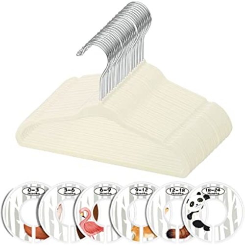 Minnebaby Velvet Baby Hangers, Pack of 30 with 6 Pcs Clothing Dividers, Beige
