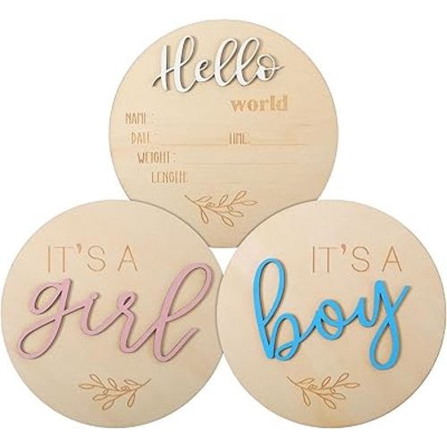 Heclia Baby Announcement Sign 3PCS Gender Reveal Signs for Baby Birth Its a Boy Its a Girl Wooden Sign Hello World Newborn Welcome Wooden Board Plaque for Hospital Shower Party Photo Props Boho Decor